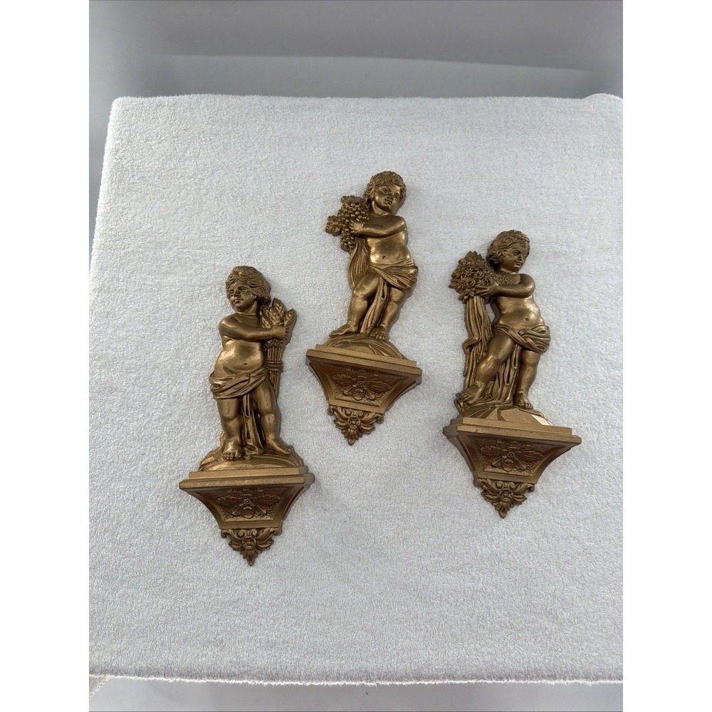 Vintage 3 Gathering The Harvest Cherubs  Wall Decor Plaques Baroque Rococo USA
